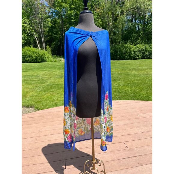 Vtg 1970’s Scarf Wrap Beach Cover Gottex Saks Fifth Avenue Large Blue With Pink - Picture 1 of 9